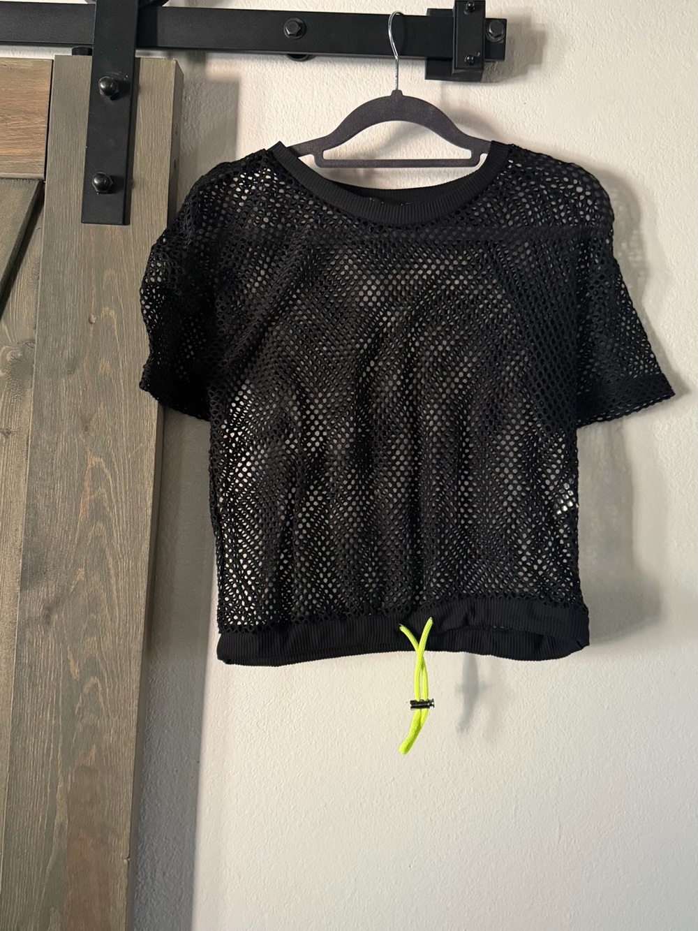 Derek Heart Black Mesh Short-Sleeve Crop Top with Neon Drawcord